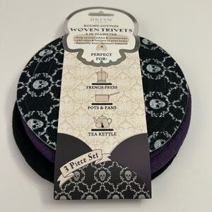 3pc BKLYN Steel Co. Round Woven Trivet Set- Purple Skulls -8” In Diameter